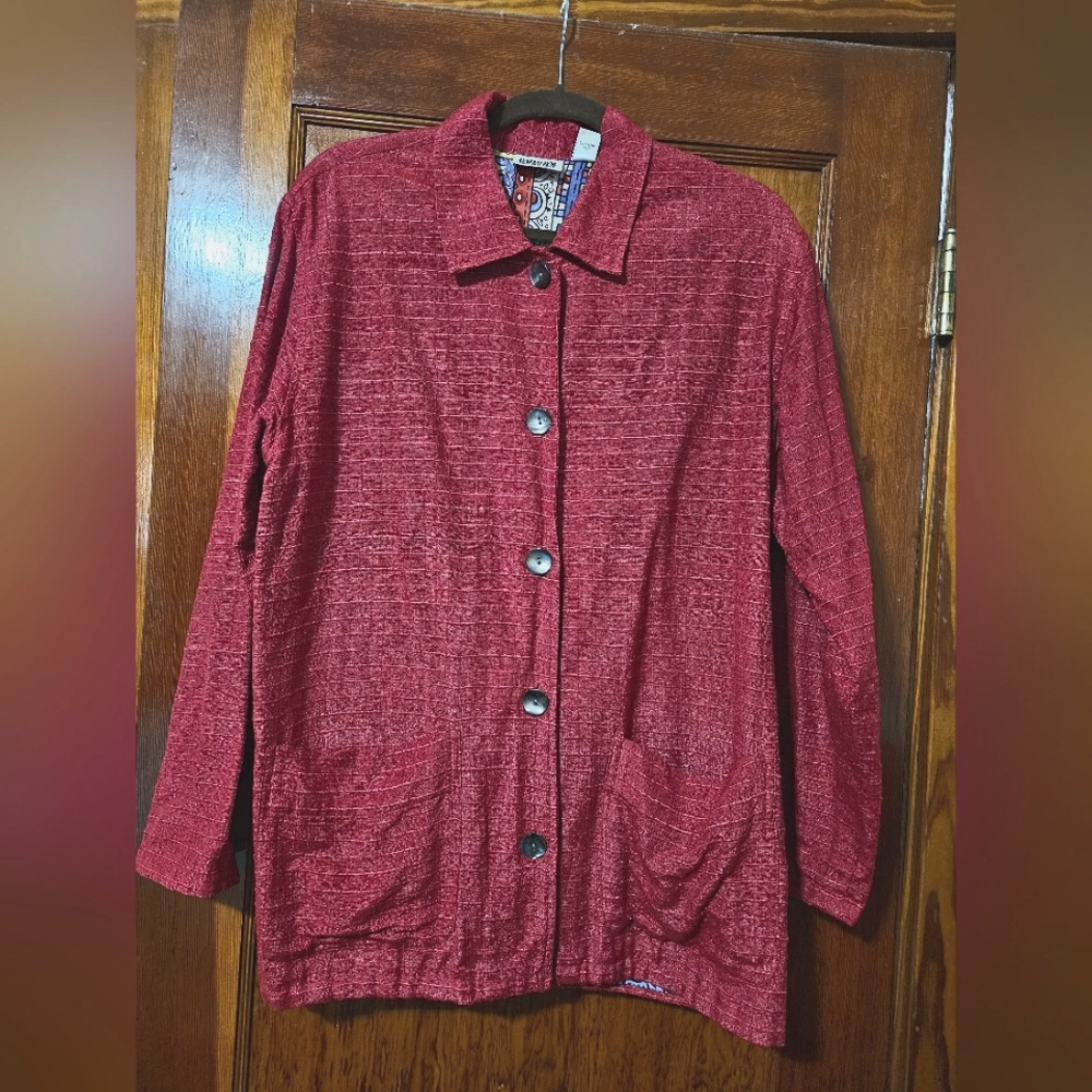 Chico's Design Red Silk Long-Sleeve Button-Down Top Blouse Size 1 Made in India